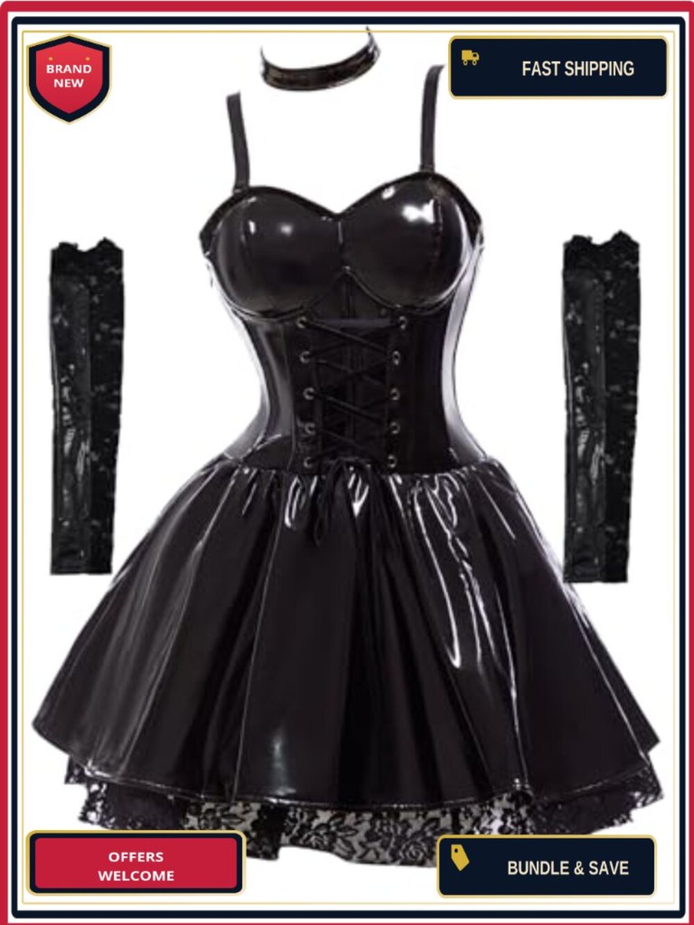 PU Leather Dress Choker Stocking Garters Anime Cosplay Costume 4pc